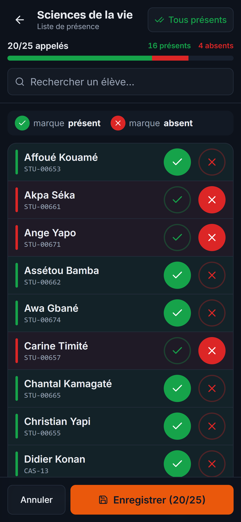 Écran d'appel sur téléphone : liste des élèves avec les boutons présent et absent, 20 élèves appelés sur 25